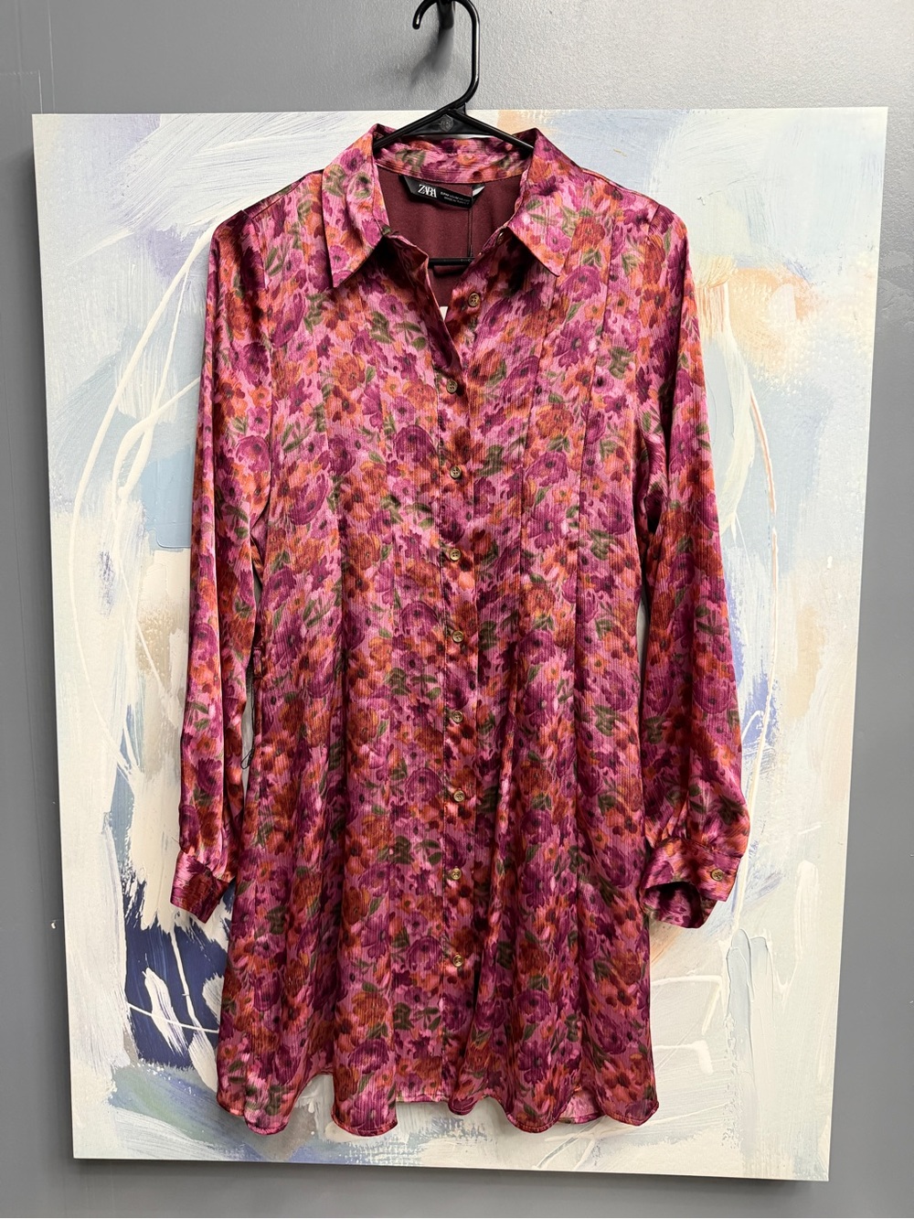 ZARA Floral Shirt Dress Pink Burgundy Rose Print Button Front Long Sleeve M